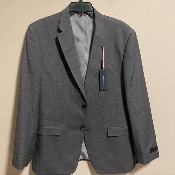 NWT Tommy Hilfiger Vasser 2 Button Plain Suit Jacket Gray Worsted Wool- Size 42R - Picture 1 of 7